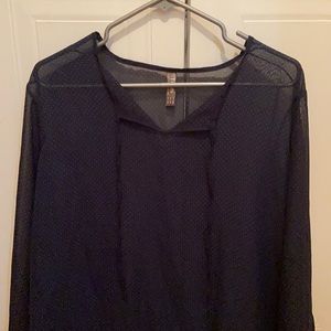 Sheer pin dot navy long sleeve blouse